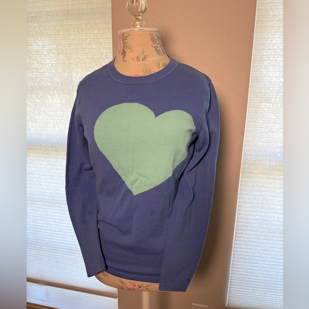 Tommy Hilfiger Womens Heart Blue Cotton Graphic Crewneck Sweater Top S